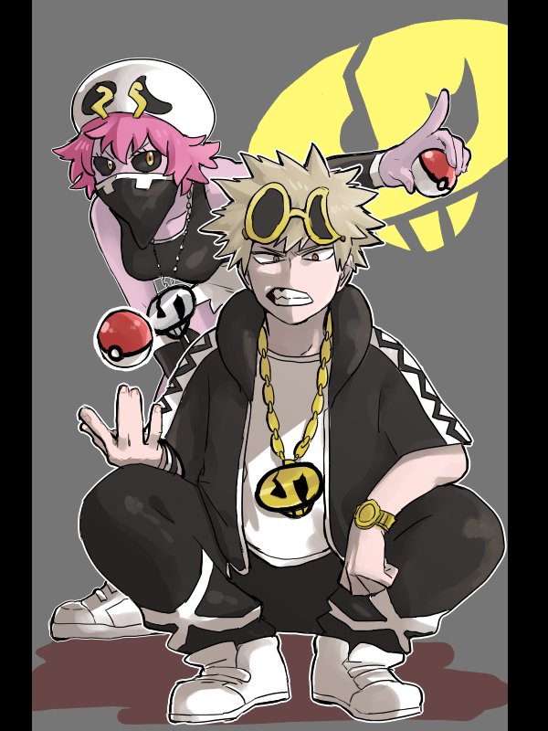 10s 1boy 1girl ashido_mina bakugou_katsuki bandana bandana_over_mouth bare_shoulders black_sclera boku_no_hero_academia breasts chain chain_necklace clenched_teeth colored_sclera colored_skin cosplay eyewear_on_head frown full_body grey_background guzma_(pokemon) guzma_(pokemon)_(cosplay) holding holding_poke_ball hood horns jacket jewelry leaning_forward looking_at_viewer necklace nintendo open_clothes outstretched_arm pants pink_hair pink_skin poke_ball pokemon pokemon_sm sharp_teeth shirt shoes short_hair short_sleeves shorts silver_hair simple_background skull_necklace sleeveless spiked_hair squatting standing sunglasses tank_top team_skull team_skull_(cosplay) team_skull_grunt team_skull_grunt_(cosplay) teeth tossing track_jacket track_pants watch white_shirt wristband yellow_eyes