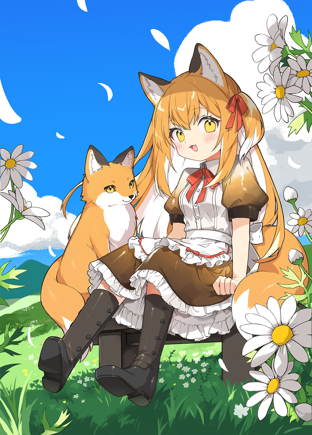 1girl :d animal_ear_fluff animal_ears apron black_boots black_skirt blue_sky blush boots bow cloud collared_shirt colored_inner_hair commentary_request creature_and_personification cumulonimbus_cloud daisy day falling_petals fang flower fox fox_ears fox_girl fox_tail frilled_skirt frills gradient_clothes grass hair_between_eyes hair_ribbon highres hill kamiyoshi_rika knee_boots long_hair looking_at_viewer maid multicolored_hair one_side_up open_mouth orange_hair original outdoors personification petals puffy_short_sleeves puffy_sleeves red_bow red_ribbon ribbon shirt shoe_soles short_sleeves sidelocks sitting skirt sky smile solo stool streaked_hair tail waist_apron white_apron white_flower white_hair white_shirt yellow_eyes