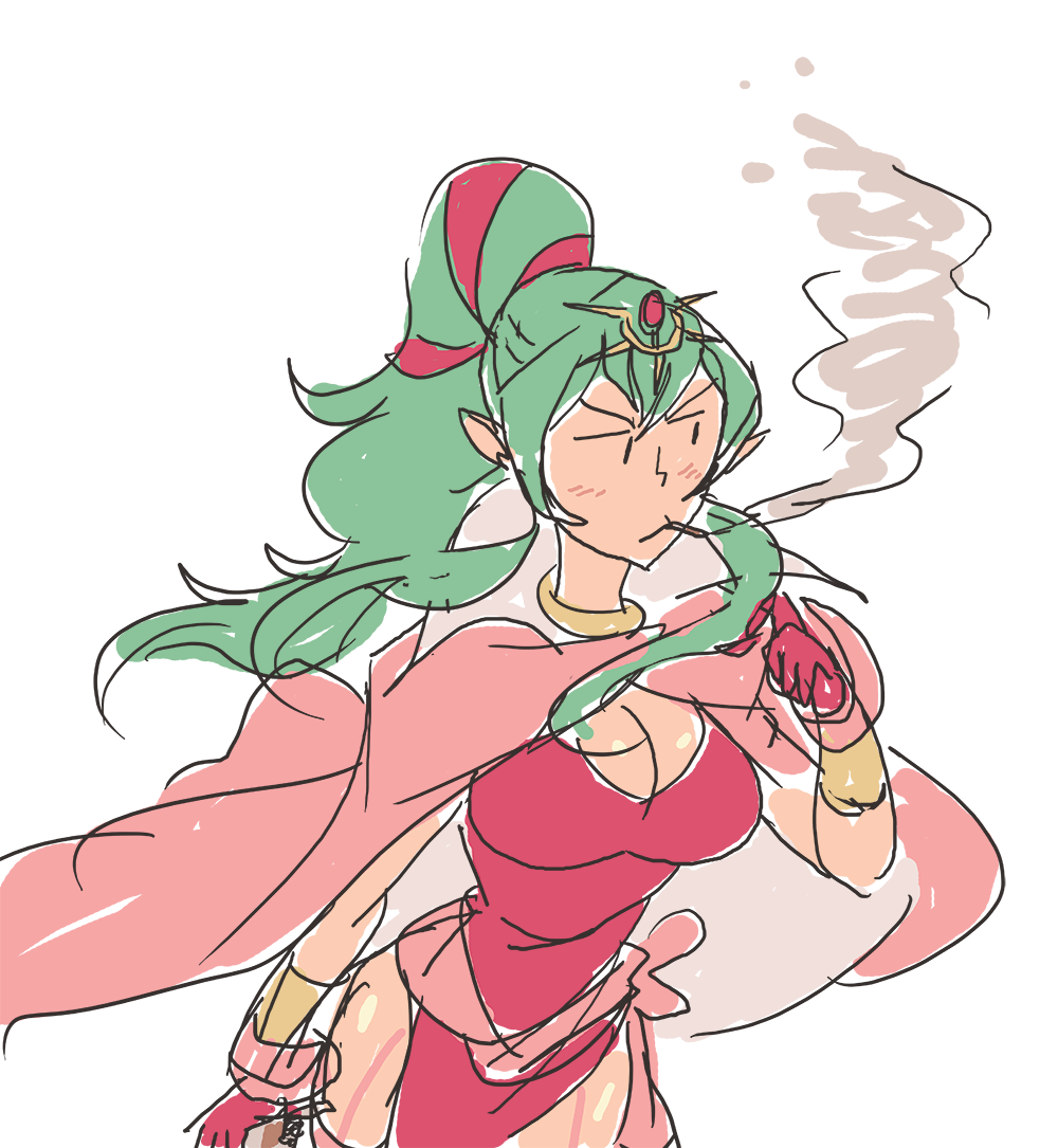 1girl bad_tag blush breasts cape cigarette cleavage davewaterfalls dress fire_emblem fire_emblem_awakening gloves green_hair large_breasts nintendo pointy_ears ponytail side_slit simple_background smoke smoking thighs tiara tiki_(adult)_(fire_emblem) tiki_(fire_emblem)