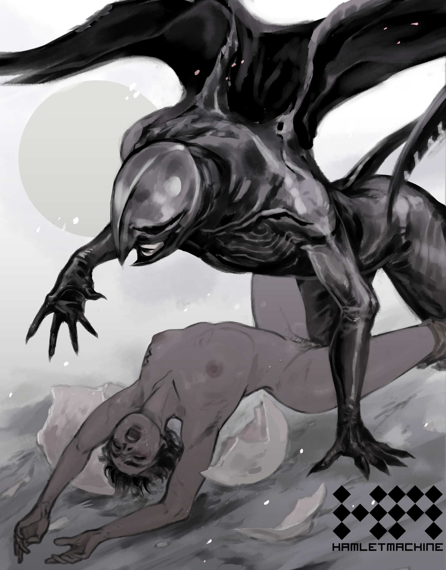 1boy 1girl berserk brand_of_sacrifice breasts cape casca_(berserk) clothed_male_nude_female commentary completely_nude english_text femto_(berserk) greyscale griffith_(berserk) hamletmachine helmet highres monochrome nipples nude open_mouth short_hair small_breasts
