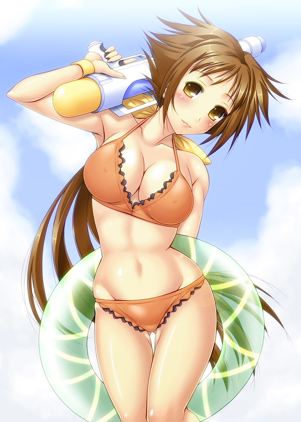 00s 1girl ayato bad_id bad_pixiv_id bikini breasts brown_hair cleavage dieci_(nanoha) female_focus highres innertube long_hair lyrical_nanoha mahou_shoujo_lyrical_nanoha_strikers numbers_(nanoha) orange_bikini solo swim_ring swimsuit water_gun wristband yellow_eyes