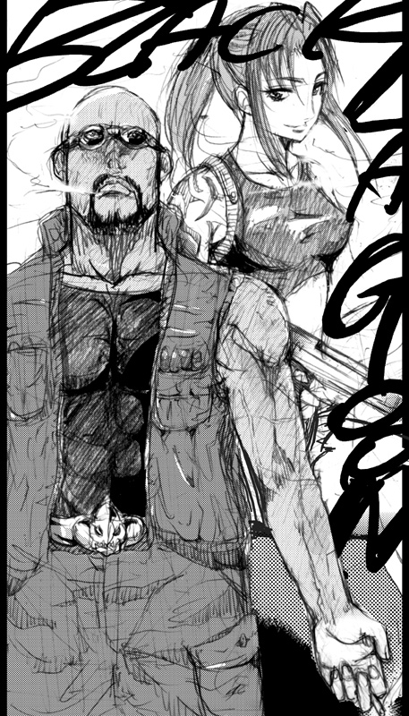 00s 1boy 1girl bald belt black_lagoon breasts cigarette collarbone dark-skinned_male dark_skin dutch_(black_lagoon) facial_hair fingerless_gloves glasses gloves greyscale gun kokeshi_men long_hair looking_at_viewer monochrome muscular ponytail revy_(black_lagoon) sketch smile tank_top tattoo weapon