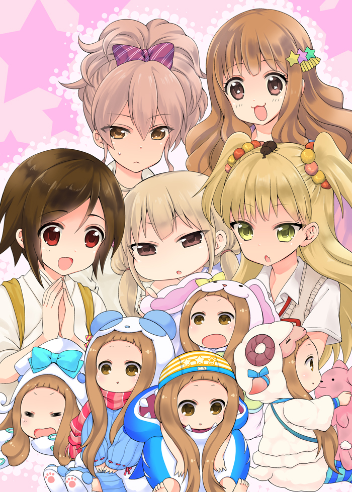 6+girls :&lt; :3 :d :o =_= animal_costume barefoot blonde_hair bow brown_eyes brown_hair rabbit_costume clone cosplay domyoji_karin futaba_anzu green_eyes hair_bow ichihara_nina idolmaster idolmaster_cinderella_girls jougasaki_mika jougasaki_rika kigurumi long_hair moroboshi_kirari multiple_girls ohlala open_mouth panda_costume red_eyes sheep_costume short_hair smile squid_costume stuffed_animal stuffed_toy sweatdrop teddy_bear twintails two_side_up