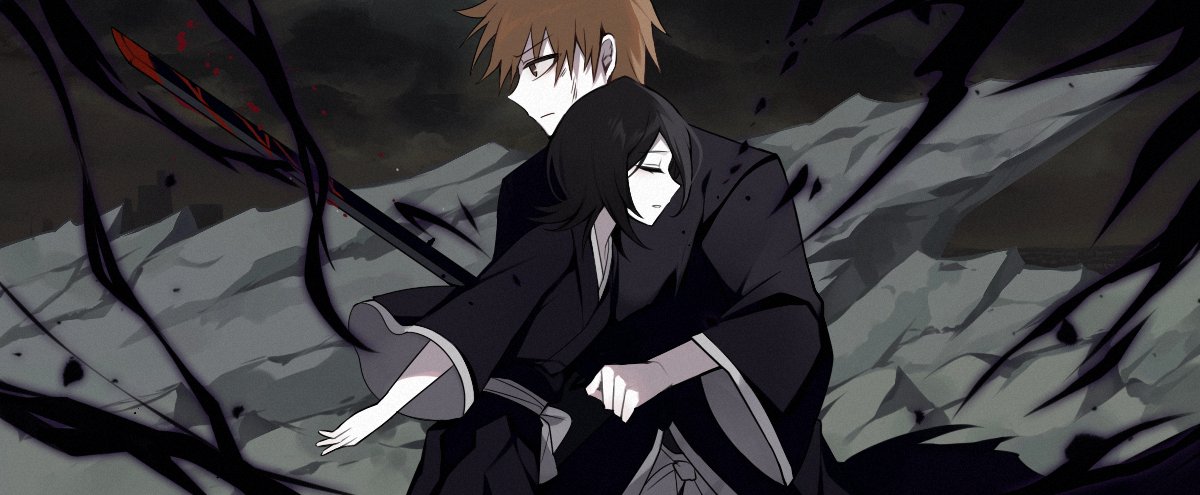 1boy 1girl aura bankai black_hair black_kimono bleach bleach:_fade_to_black blood bloody_weapon brown_eyes closed_eyes commentary_request cowboy_shot dark_aura dirty dirty_face from_side g_ieep holding holding_sword holding_weapon japanese_clothes katana kimono korean_commentary kuchiki_rukia kurosaki_ichigo long_sleeves looking_afar medium_hair night orange_hair outdoors profile serious short_hair spiked_hair sword tensa_zangetsu_(bankai) upper_body v-shaped_eyebrows weapon wide_sleeves