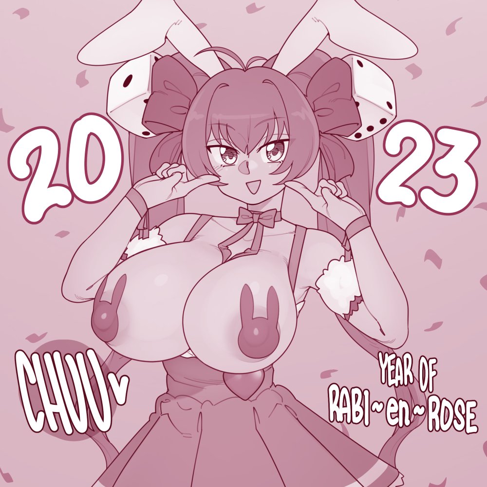 1girl 2023 animal_ears antenna_hair areola_slip bare_shoulders bow bow_choker breasts chinese_zodiac choker cleavage collarbone di_gi_charat dice dice_hair_ornament ekz_(robotekz) english_text hair_bow hair_ornament heart large_areolae long_hair looking_at_viewer medium_breasts open_mouth pasties rabbit_ears rabbit_pasties ribbon skirt smile solo speech_bubble twintails usada_hikaru wrist_ribbon year_of_the_rabbit