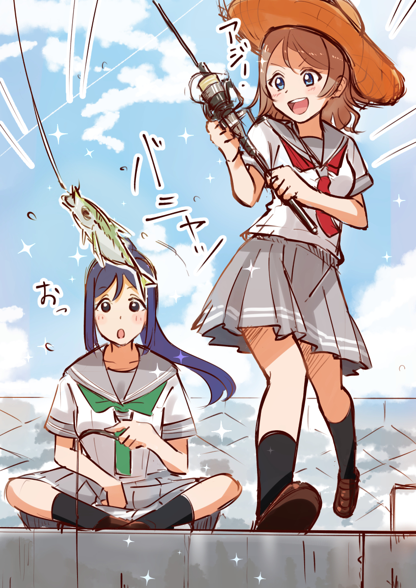 2girls blue_eyes blush brown_hair fish fishing hat highres love_live! love_live!_sunshine!! matsuura_kanan multiple_girls ponytail school_uniform serafuku short_hair skirt skt_(ryxxxxx) smile thighs watanabe_you
