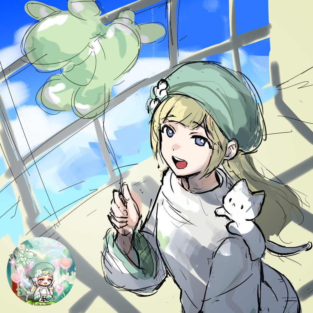 :d animal balloon_animal blonde_hair blue_eyes blue_sky cat character_request chibi cloud day green_hat hat holding leafwow long_hair long_sleeves looking_at_viewer maplestory open_mouth reference_inset shirt sketch sky smile very_long_hair white_cat white_shirt wide_sleeves window