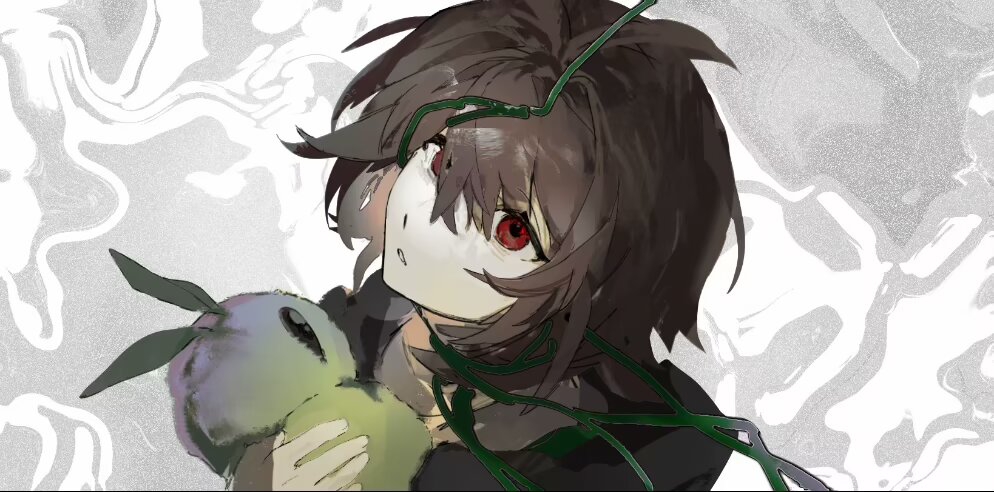 1boy abstract_background black_jacket brown_hair chinese_commentary commentary_request distortion from_above grey_background grey_shirt hair_between_eyes heibaihuabing holding holding_stuffed_toy isoi_haruki jacket looking_up male_focus parted_lips portrait red_eyes saibou_shinkyoku shirt short_hair solo stuffed_toy