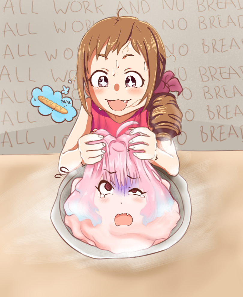 +_+ 2girls :3 @_@ ahoge blush bread brown_background brown_eyes brown_hair drill_hair english_text fang flying_sweatdrops food hair_intakes hair_ornament i_don&#039;t_want_to_be_bread_(meme) idolmaster idolmaster_cinderella_girls imagining meme multicolored_hair multiple_girls objectification ohara_michiru open_mouth pain pink_eyes pink_hair ponytail psycho_orb red_shirt scrunchie shirt side_drill sleeveless sleeveless_shirt speech_bubble sweat symbol-shaped_pupils tears text_background thought_bubble transformation what yumemi_riamu