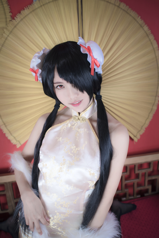 1girl artist_request asian bare_shoulders black_hair black_thighhighs blurry bun_cover china_dress chinese_clothes color_contacts cosplay date_a_live depth_of_field double_bun dress feather_boa female_focus hair_bun hair_over_one_eye indoors lace lace-trimmed_legwear lace_trim long_hair looking_at_viewer makeup mascara no_shoes parted_lips photo_(medium) red_eyes short_china_dress sitting sleeveless sleeveless_dress solo thighhighs tokisaki_kurumi tokisaki_kurumi_(cosplay) twintails wariza zettai_ryouiki