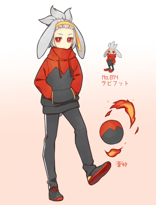 1boy animal_ears aona_(noraneko) ball character_name creatures_(company) frown game_freak gen_8_pokemon grey_hair hair_pulled_back hands_in_pockets headband high_collar hood hoodie humanization jitome kicking looking_at_viewer male_focus nintendo pokedex_number pokemon rabbit_ears rabbit_tail raboot red_eyes shoes sneakers solo tail tri_tails v-shaped_eyebrows