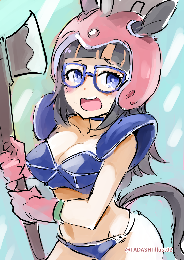 1girl armor artist_name axe bikini_armor black_hair blue_eyes blunt_bangs blush breasts chi-chi_(dragon_ball) chi-chi_(dragon_ball)_(cosplay) cleavage collarbone cosplay dragon_ball dragon_ball_(classic) female_focus glasses helmet holding holding_axe medium_breasts open_mouth pauldrons pink_helmet shoulder_armor solo tail teeth umamusume upper_teeth_only zenno_rob_roy_(umamusume)