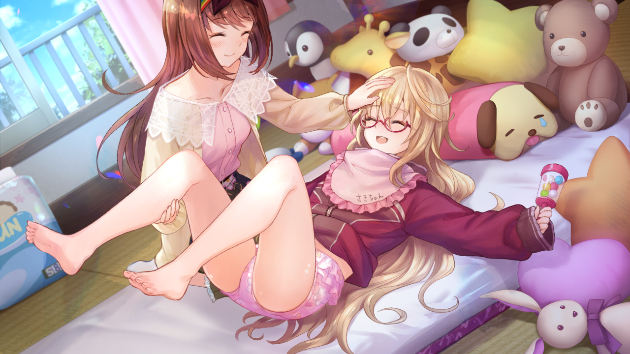 2girls :d ^_^ age_play barefoot bib blonde_hair bloomers blue_eyes blush breasts brown_hair cardigan closed_eyes clothes_lift collarbone day dutch_angle frilled_bib frills full_body game_cg glasses hand_on_another's_leg headpat holding holding_rattle jacket jacket_lift legs_up long_hair lying mugendo_saki multiple_girls no_shoes non-web_source official_art on_back open_cardigan open_clothes open_mouth open_window otori_ai pink_bloomers rattle red_jacket semi-rimless_eyewear sleeves_past_wrists small_breasts smile socks soles spoilers stuffed_animal stuffed_dog stuffed_giraffe stuffed_panda stuffed_penguin stuffed_rabbit stuffed_toy teddy_bear toes track_jacket under-rim_eyewear underwear very_long_hair white_socks window yellow_cardigan yumeutsutsu_re:master