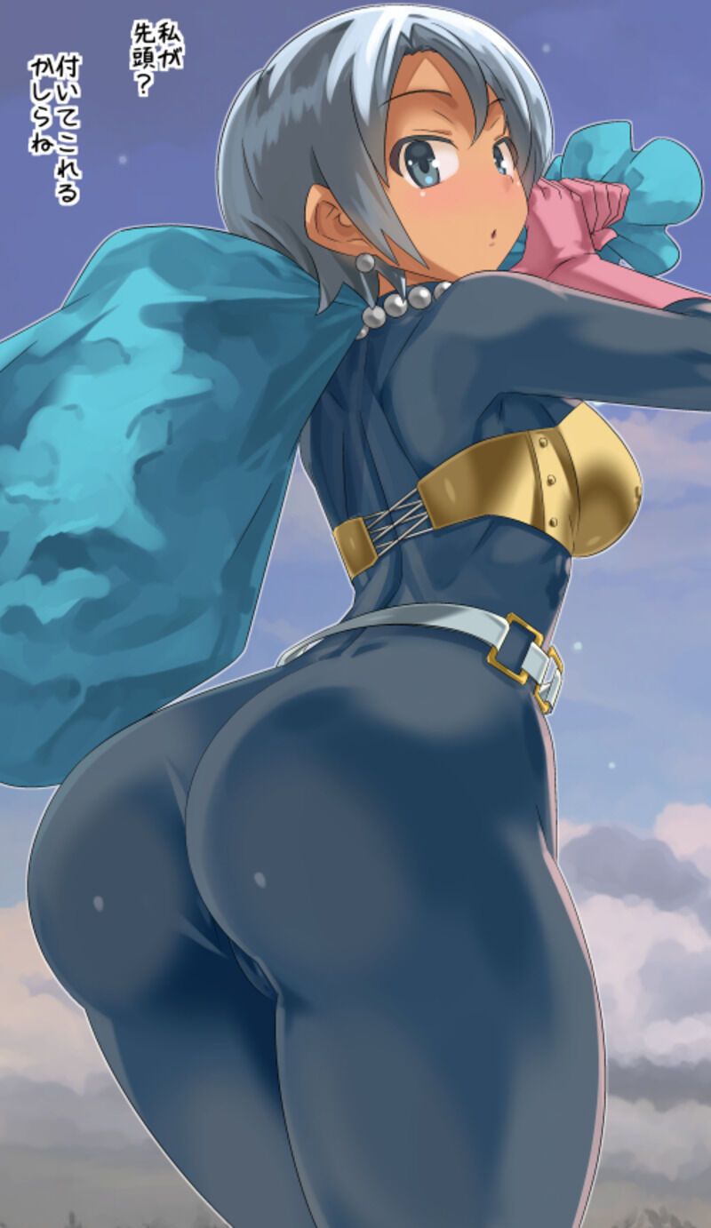 1girl arched_back ass belt blue_eyes blush bodystocking bodysuit breasts dark_skin dragon_quest dragon_quest_iii earrings gloves grey_hair hands_up highres holding holding_sack huge_ass imaichi jewelry looking_at_viewer looking_back medium_breasts necklace pearl_earrings pearl_necklace pink_gloves sack short_hair solo swept_bangs thick_thighs thief_(dq3) thighs translation_request white_belt