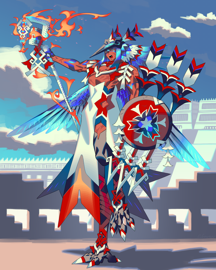 animal_feet architecture arrow_(projectile) bird_legs bird_tail bird_wings blue_eyes blue_hair blue_sky blue_wings claws commentary_request dark-skinned_male dark_skin day edarow feather_hair feathered_wings fire full_body harpy_boy holding holding_shield holding_staff long_hair looking_at_viewer mesoamerican_architecture monster_boy muscular muscular_male original outdoors scar scars_all_over shield side_slit sky solo staff standing standing_on_one_leg tail too_many transparent_wings wings