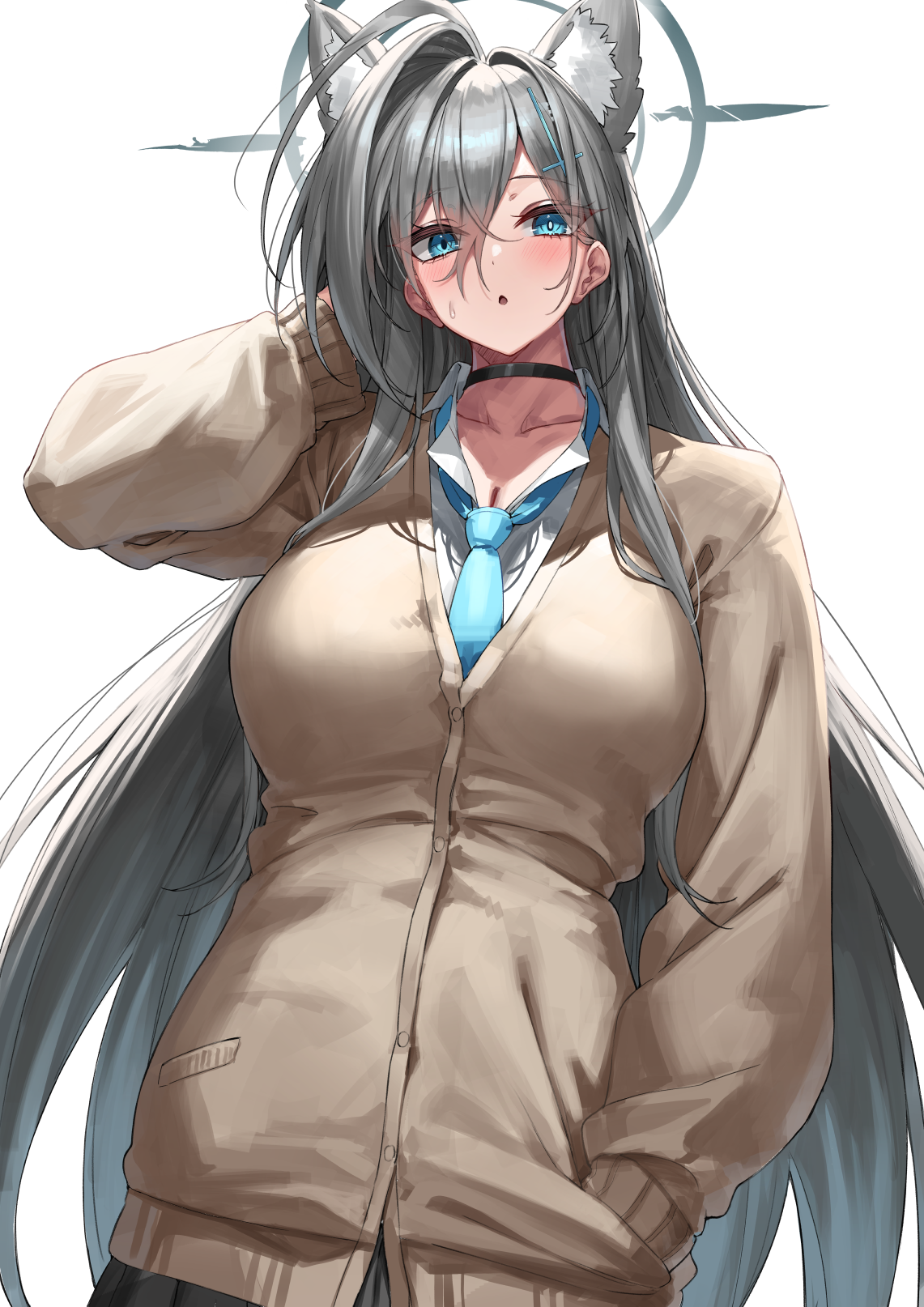 1girl :o alternate_costume animal_ear_fluff animal_ears black_choker blue_archive blue_eyes blue_necktie blush breasts choker cleavage collarbone collared_shirt cross_hair_ornament grey_hair hair_between_eyes hair_ornament halo hand_in_own_hair hand_in_pocket hand_up highres large_breasts long_hair long_sleeves looking_at_viewer necktie open_mouth shiroko_(blue_archive) shiroko_terror_(blue_archive) shirt simple_background solo white_background white_shirt wolf_ears yamanokami_eaka