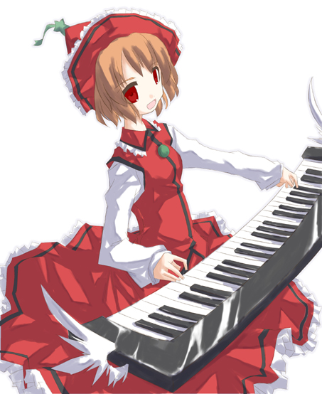 1girl brown_hair frilled_hat frilled_shirt_collar frilled_skirt frills hat instrument keyboard_(instrument) long_skirt long_sleeves lyrica_prismriver photoshop_(medium) red_eyes red_hat red_shirt red_skirt sakuraba_yuuki shirt short_hair simple_background skirt solo star_(symbol) touhou white_background