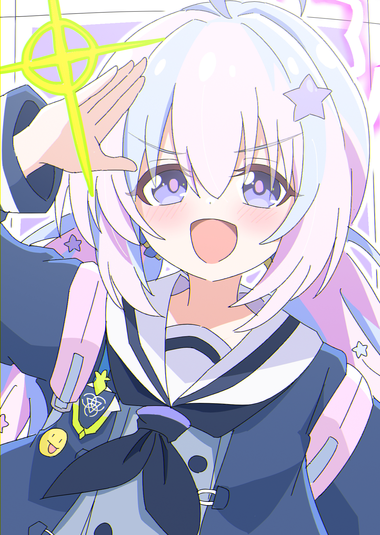 1girl ahoge bag black_jacket black_neckerchief blue_archive dot_nose grey_shirt hair_ornament halo hand_to_head highres jacket looking_at_viewer neckerchief open_clothes open_jacket open_mouth pink_hair pink_halo pink_pupils purple_eyes purple_hair reisa_(blue_archive) sailor_collar school_bag shimotsukiya shirt solo sparkle star_(symbol) star_hair_ornament upper_body white_sailor_collar