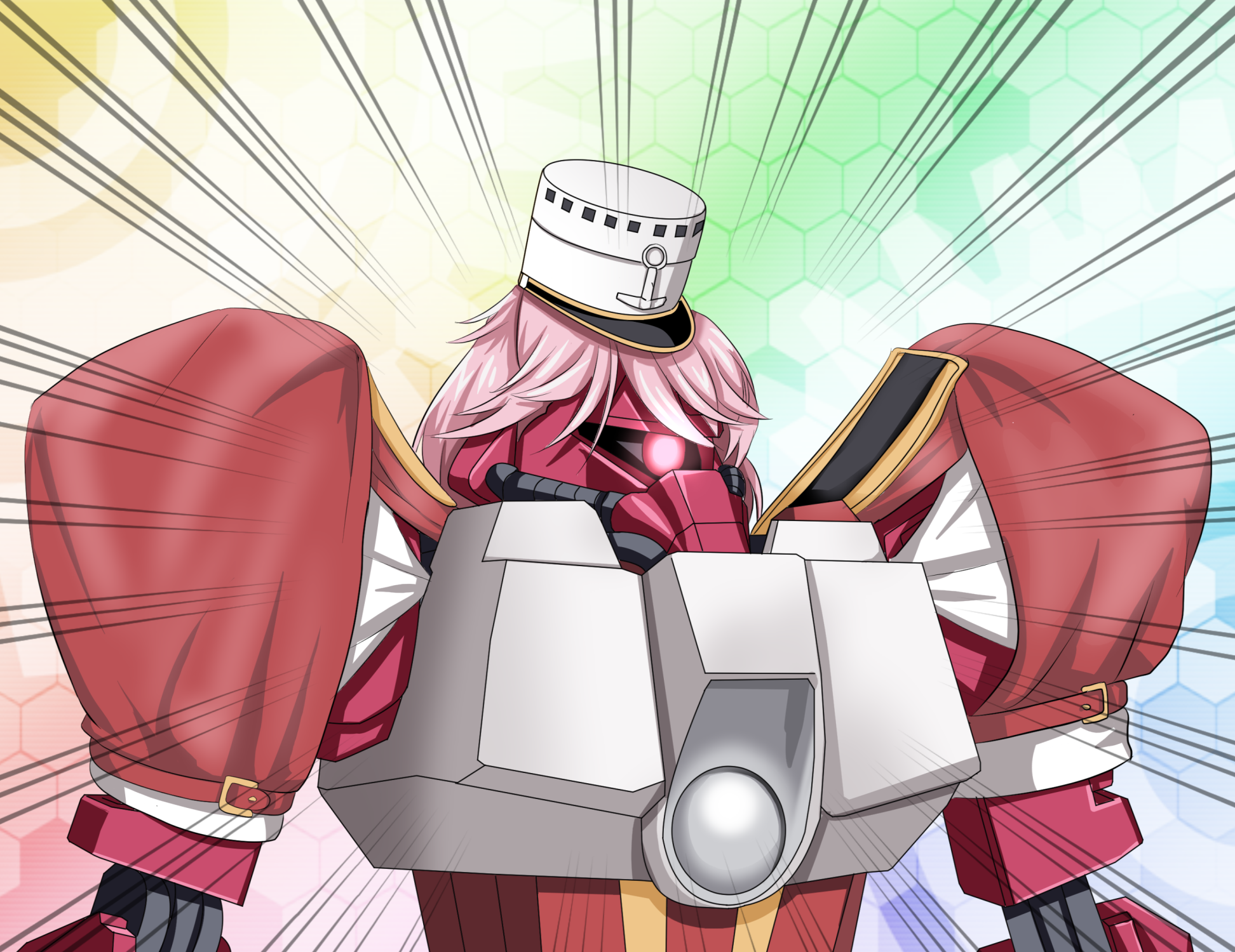 commentary cosplay emphasis_lines galbaldy_beta giuseppe_garibaldi_(kancolle) giuseppe_garibaldi_(kancolle)_(cosplay) glowing glowing_eye gundam hat highres kantai_collection mecha name_connection parody pink_hair robot short_hair short_sleeves tk8d32 white_headwear zeta_gundam