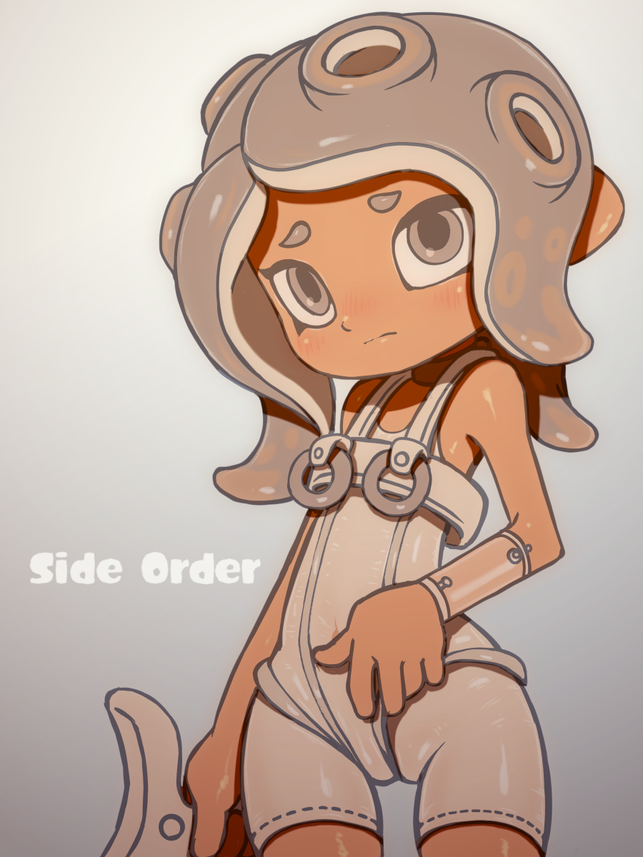 1girl agent_8_(splatoon) bare_shoulders beeru_(veil8801) bodysuit closed_mouth copyright_name flat_chest frown furrowed_brow gradient_background grey_eyes grey_hair highres legs_apart long_hair nintendo octoling octoling_girl octoling_player_character order_dualies_(splatoon) sleeveless sleeveless_bodysuit solo splatoon_(series) splatoon_3 splatoon_3:_side_order standing tentacle_hair white_bodysuit