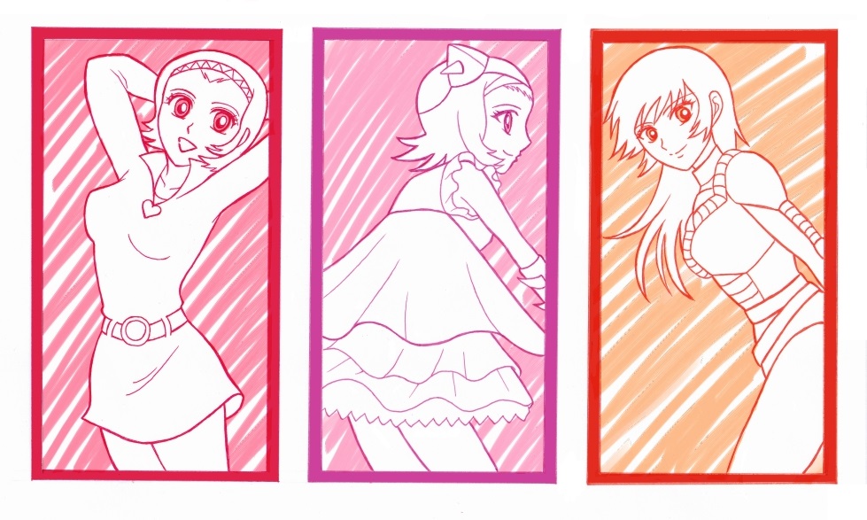 3girls arm_blade arms_behind_head belt body_armor bodysuit bracer cape collared_shirt column_lineup dress frilled_dress frills gecchan getter_robo getter_robo_(classic) hairband heart kaibaraumi lineup long_hair long_sleeves looking_at_viewer looking_to_the_side medium_hair monochrome multiple_girls multiple_monochrome open_mouth orange_theme pilot_suit pink_theme portrait red_theme robot_girls_z saotome_michiru shin_getter_robo_vs_neo_getter_robo shirt short_hair sidelocks sleeveless sleeveless_dress tachibana_shou weapon white_background