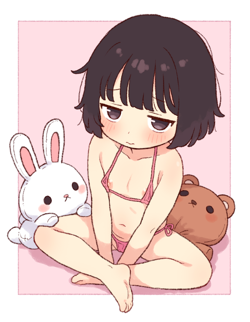 1girl barefoot bikini black_hair blush commentary_request flat_chest jitome loli micro_bikini nipples onyhakase original pink_bikini short_hair sitting solo stuffed_animal stuffed_toy swimsuit