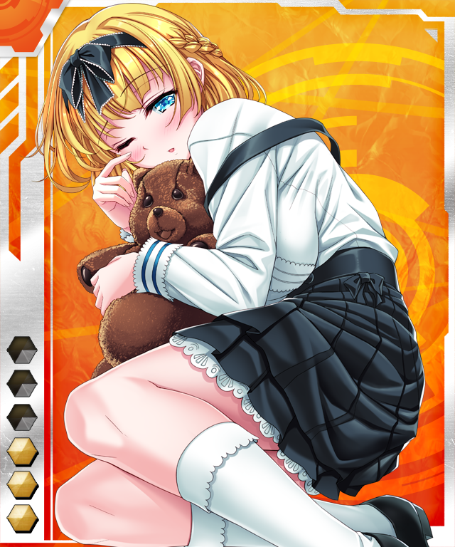 1girl abigail_(taimanin_asagi_battle_arena) blonde_hair blue_eyes breasts card_(hr) card_(medium) card_(orange-hr) casual female_focus saijou_satoru short_hair stuffed_animal stuffed_toy taimanin_(series) taimanin_asagi_battle_arena_all_card_gallery taimanin_asagi_kessen_arena teddy_bear