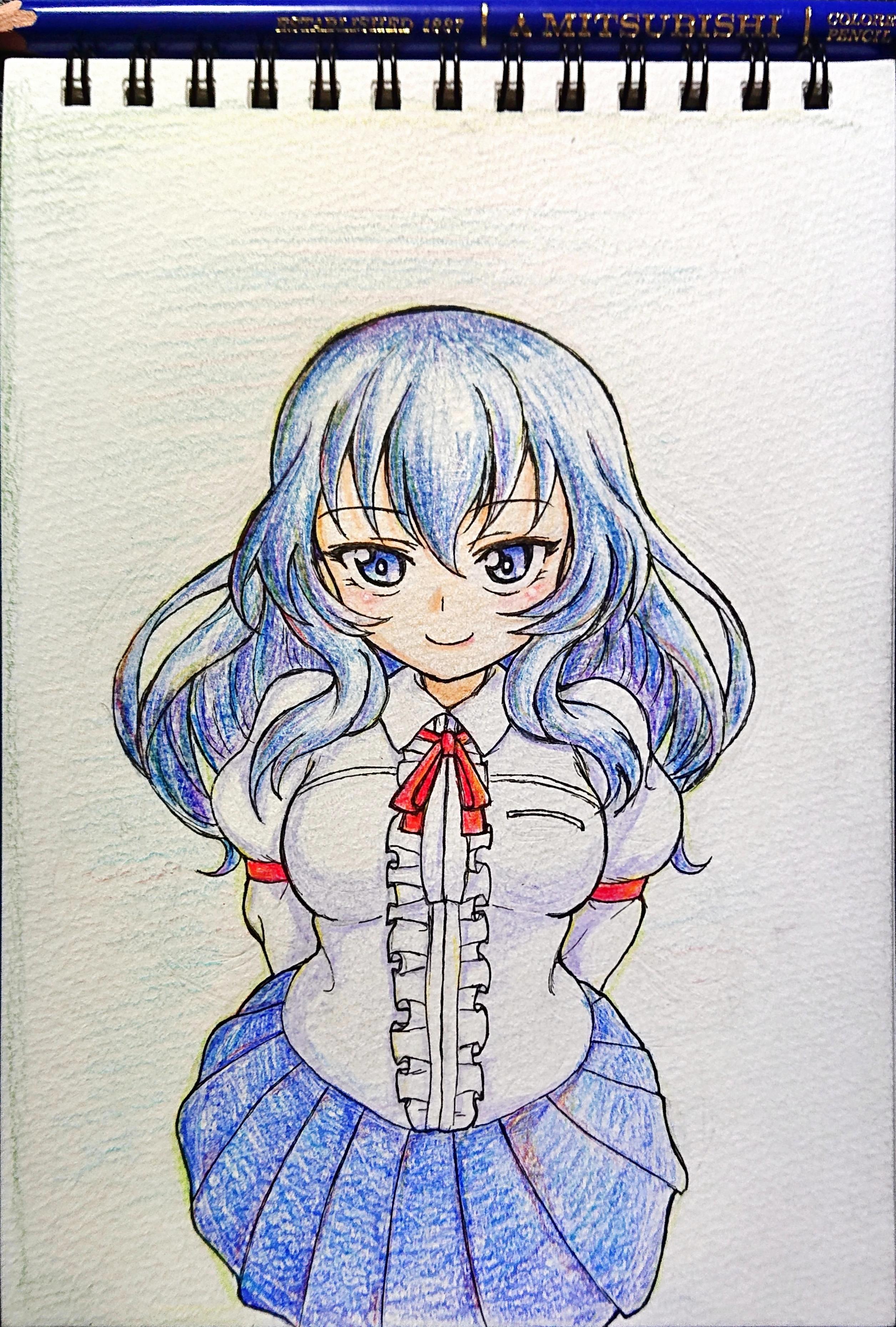 1girl absurdres amanone_yun arms_behind_back blue_eyes blue_hair blue_skirt breasts colored_pencil_(medium) eclair_(girls_und_panzer) frilled_shirt frills girls_und_panzer highres large_breasts long_hair long_sleeves looking_at_viewer maginot_school_uniform miniskirt pleated_skirt red_ribbon ribbon school_uniform shirt skirt traditional_media white_shirt