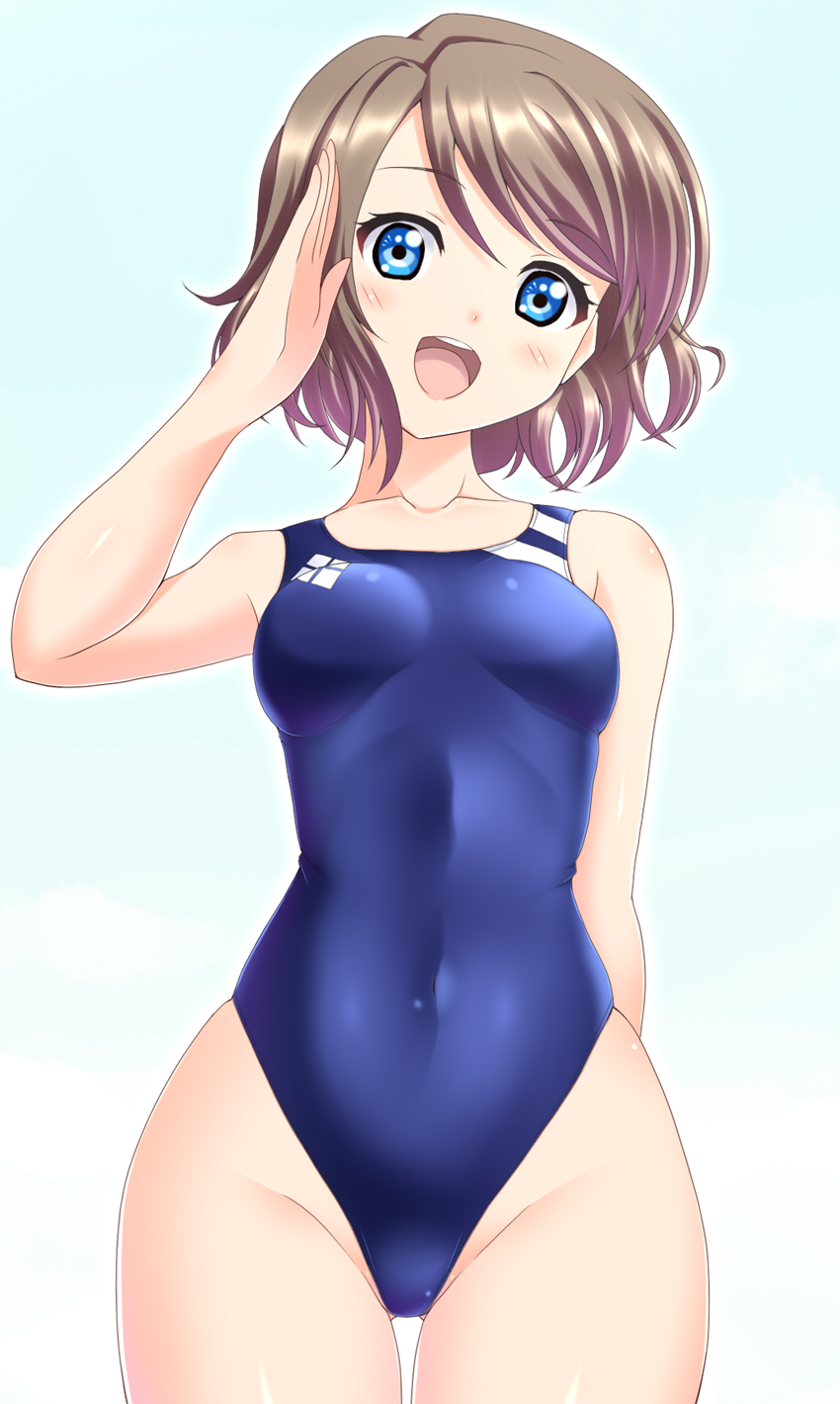 1girl blue_eyes breasts brown_hair competition_swimsuit hands_behind highleg highres hizuki_aki leotard love_live! love_live!_sunshine!! one-piece_swimsuit salute short_hair simple_background solo swimsuit thighs watanabe_you