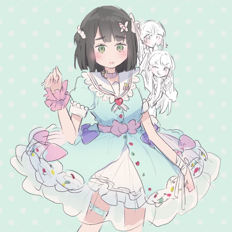 3girls :o ^^^ aqua_background aqua_dress bandaid bandaid_hair_ornament black_hair blunt_bangs blunt_ends blush bob_cut choker cosplay cowboy_shot dress feet_out_of_frame frilled_sailor_collar frills fujishima_megumi fujishima_megumi_(cosplay) green_eyes hair_bobbles hair_ornament hakuchu_a_la_mode heart heart_o-ring heart_ring_choker karaoke_hasu_no_sora link!_like!_love_live! long_hair love_live! momose_ginko multiple_girls o-ring o-ring_choker open_mouth otomune_kozue partially_colored puffy_short_sleeves puffy_sleeves sailor_collar sailor_dress short_dress short_hair short_sleeves side_ponytail sidelocks solo_focus thigh_strap two_side_up uo_(wotakana_p) virtual_youtuber white_dress white_sailor_collar