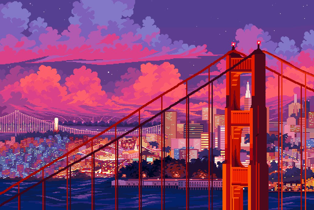 bride city cloud commentary english_commentary golden_gate_bridge jubilee_(8pxl) los_angeles mountainous_horizon no_humans ocean original outdoors pixel_art purple_sky scenery sky star_(sky) starry_sky twilight