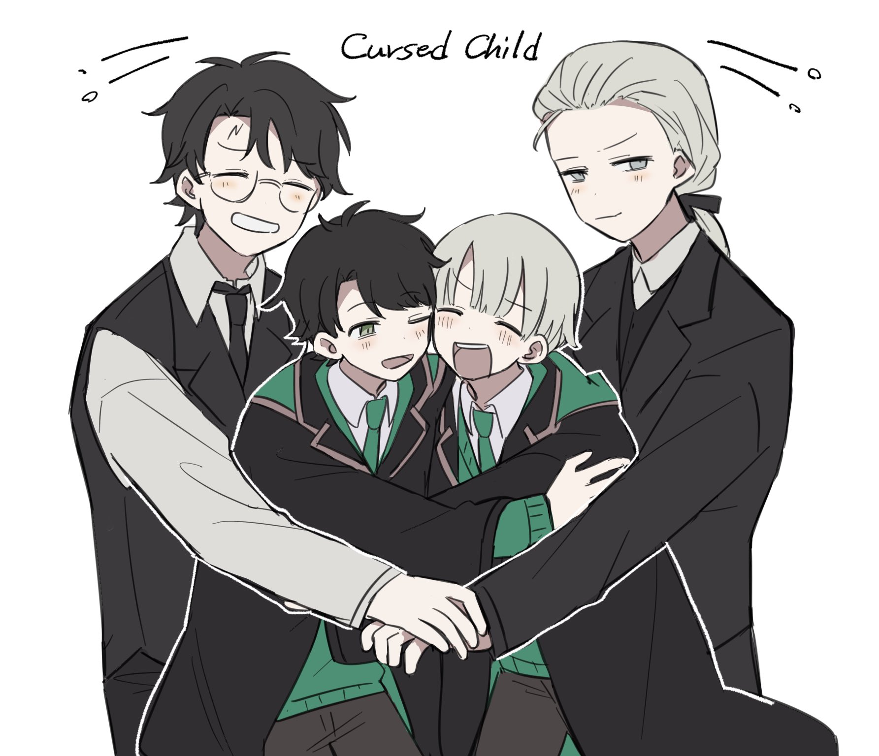 4boys aged_up albus_severus_potter black_hair black_robe blonde_hair draco_malfoy father_and_son glasses harry_potter harry_potter_(series) harry_potter_and_the_cursed_child highres hogwarts_school_uniform long_hair matecharon multiple_boys necktie ponytail robe scar scar_on_face scar_on_forehead school_uniform scorpius_malfoy short_hair slytherin wizarding_world