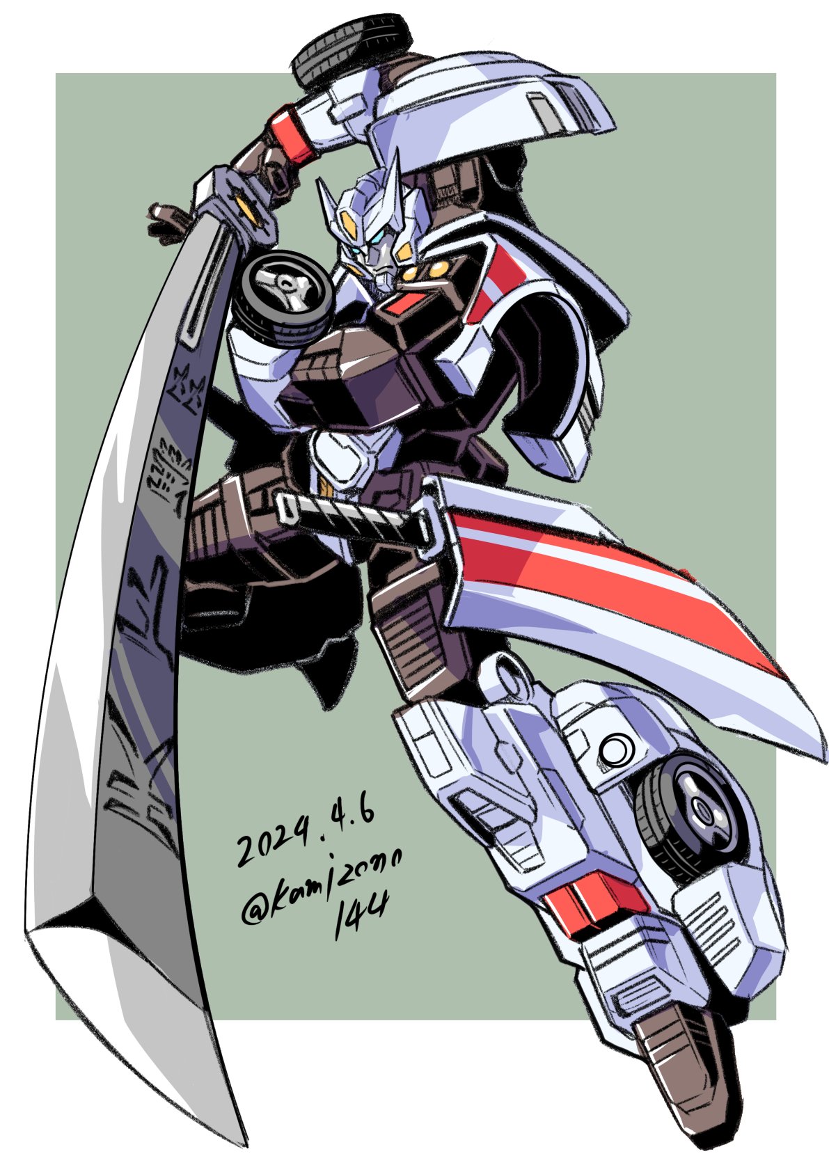 autobot blue_eyes border dated drift_(transformers) frown green_back highres holding holding_sword holding_weapon kamizono_(spookyhouse) looking_at_viewer mecha mecha_focus no_humans outside_border robot science_fiction simple_background sword the_transformers_(idw) transformers twitter_username weapon wheel white_border