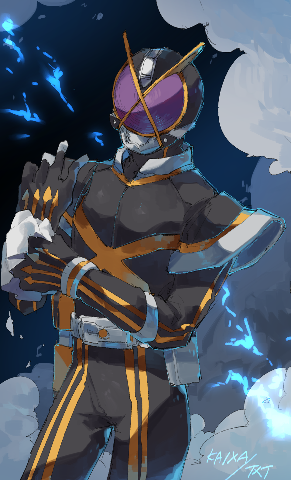 1boy armor belt black_bodysuit black_gloves black_headwear blue_background bodysuit character_name chikichi cloud copyright_name cowboy_shot electricity gloves hands_up helmet highres kamen_rider kamen_rider_555 kamen_rider_kaixa lightning male_focus pouch purple_eyes shoulder_armor solo standing