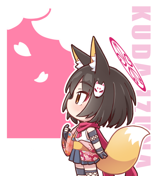 1girl animal_ears black_gloves black_skirt blue_archive brown_hair character_name chibi chibi_only eyeshadow feet_out_of_frame fox_ears fox_girl fox_hair_ornament fox_tail from_side gloves hand_up izuna_(blue_archive) light_blush looking_ahead makeup medium_hair miniskirt needle_(574187457) outline partially_fingerless_gloves pink_background pink_scarf pleated_skirt profile red_eyeshadow scarf school_uniform shirt simple_background skirt sleeveless sleeveless_shirt solo standing tail tail_raised two-tone_background white_background white_outline white_shirt yellow_eyes