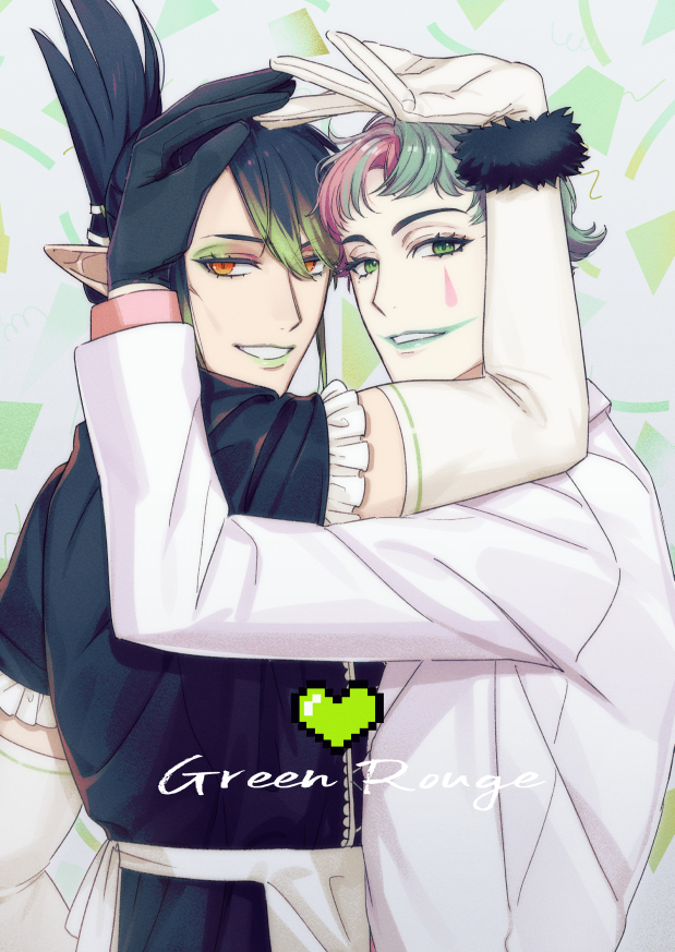 2boys apron aqua_hair aqua_lips arm_up black_dress black_gloves black_hair commentary_request confetti crossdressing dress elbow_gloves eyeshadow facial_mark folded_ponytail frilled_sleeves frills gloves gradient_hair green_eyes green_eyeshadow green_hair green_lips grey_background grin hair_between_eyes hanabatake_chaika hanabatake_chaika_(1st_costume) heart jacket joe_rikiichi joe_rikiichi_(1st_costume) long_sleeves looking_at_viewer looking_to_the_side makeup male_focus multicolored_eyeshadow multicolored_hair multiple_boys nijisanji orange_eyes parted_bangs parted_lips pink_hair pixel_heart pointy_ears purple_hair red_eyeshadow shippaiderman short_hair short_sleeves sidelocks smile streaked_hair teardrop_facial_mark teeth upper_body virtual_youtuber waist_apron white_apron white_gloves white_jacket