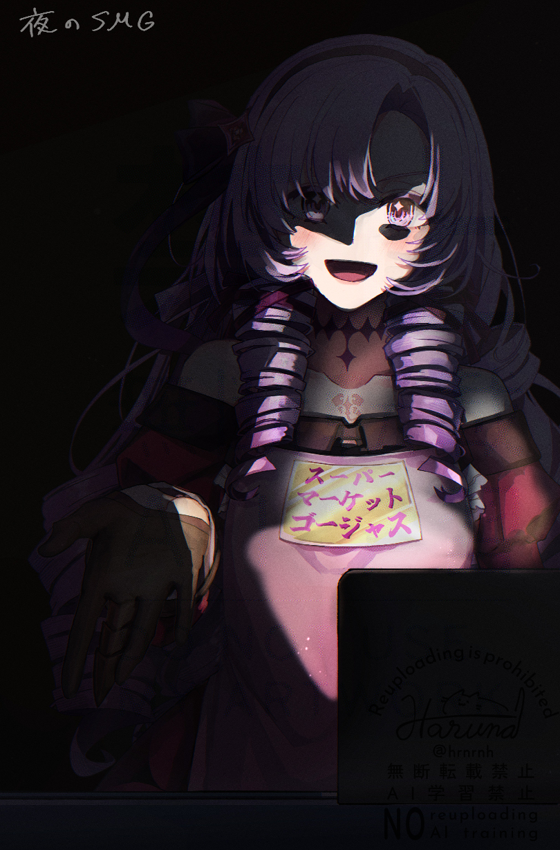 1girl :d apron artist_name bare_shoulders black_gloves black_hairband black_ribbon blush cashier chest_tattoo choker claw_ring collarbone commentary_request counter dark dress drill_hair drill_sidelocks eyelashes gloves hair_between_eyes hair_ribbon hairband haruna_(hrnrnh) highres hyakumantenbara_salome hyakumantenbara_salome_(1st_costume) juliet_sleeves long_hair long_sleeves looking_at_viewer nijisanji off-shoulder_dress off_shoulder open_mouth outstretched_hand parted_bangs pink_apron puffy_sleeves purple_choker purple_eyes purple_hair red_dress ribbon sidelocks signature smile solo store_clerk tattoo twitter_username v-shaped_eyebrows virtual_youtuber watermark