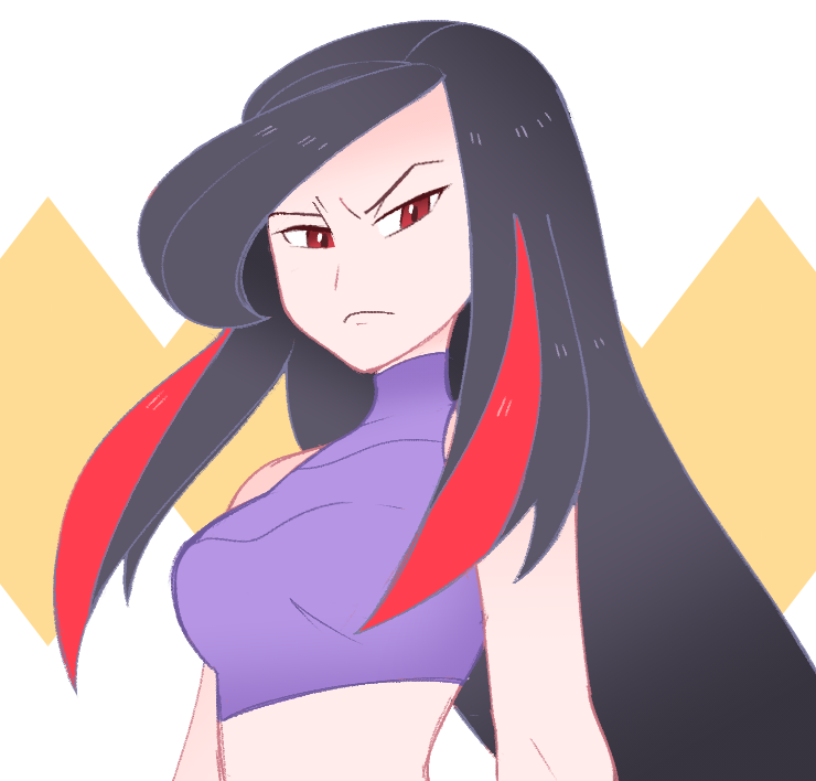 1girl black_hair breasts crop_top looking_at_viewer lucy_(pokemon) midriff multicolored_hair nintendo pokemon pokemon_emerald pokemon_rse red_eyes red_hair shirt sleeveless sleeveless_shirt solo two-tone_hair upper_body vergolophus