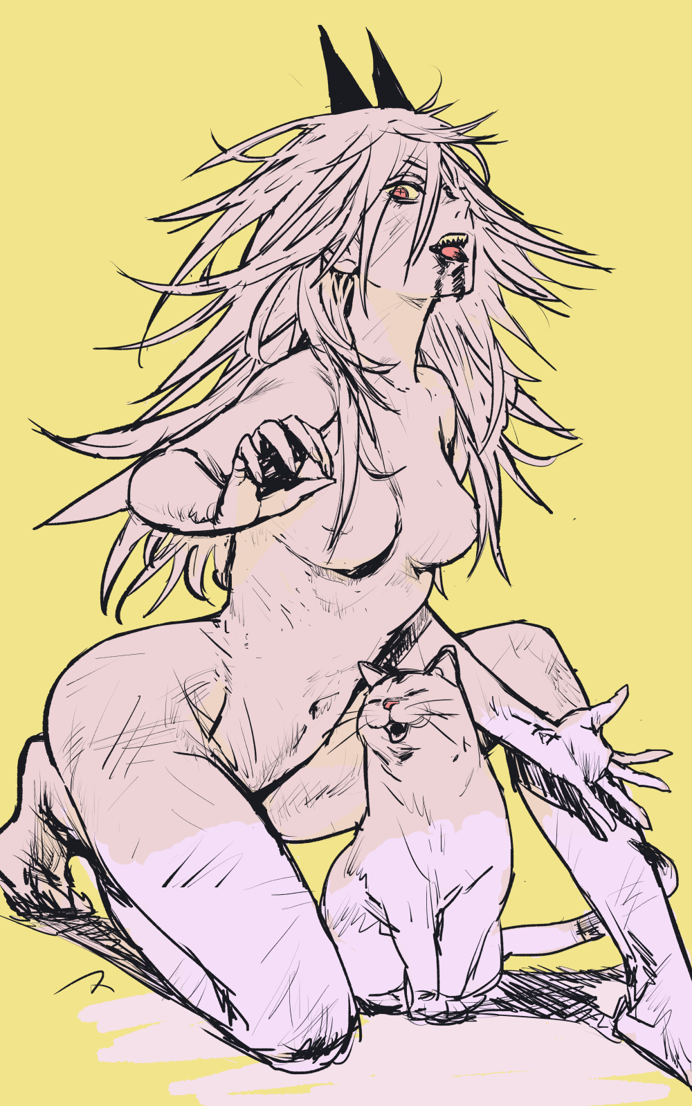 black_horns breasts cat chainsaw_man colored_sclera commentary cross-shaped_pupils greyscale_with_colored_background hair_censor highres horns matahei meowy_(chainsaw_man) messy_hair navel nude open_mouth pink_eyes power_(chainsaw_man) sharp_teeth signature simple_background symbol-shaped_pupils teeth yellow_background yellow_sclera