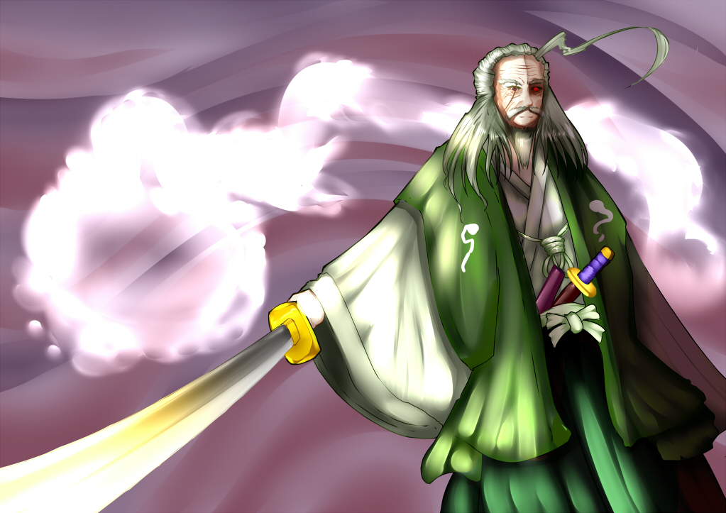 1boy ahoge beard facial_hair foreshortening gradient_background japanese_clothes katana kimono kodachi konpaku_youki konpaku_youki_(ghost) long_hair long_sleeves looking_at_viewer male_focus mustache purple_background red_eyes scabbard sheath short_sword solo sword terramaru touhou unsheathed weapon white_hair wide_sleeves