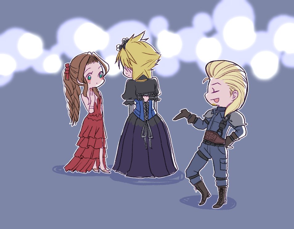 1girl 2boys aerith_gainsborough aerith_gainsborough_(red_dress) armor black_gloves black_hairband black_skirt blonde_hair blue_corset bluelimbo8888 blush brown_hair chibi closed_eyes cloud_strife cloud_strife_(blue_dress) corset crossdressing dress facial_hair final_fantasy final_fantasy_vii final_fantasy_vii_remake flamenco_dress flower gloves green_eyes grey_background hair_flower hair_ornament hair_ribbon hair_slicked_back hairband hand_on_own_cheek hand_on_own_face hand_on_own_hip long_hair multiple_boys pompadour ponytail puffy_short_sleeves puffy_sleeves red_dress red_ribbon ribbon ringlets roche_(ff7r) short_sleeves shoulder_armor side_slit skirt strapless strapless_dress sweatdrop