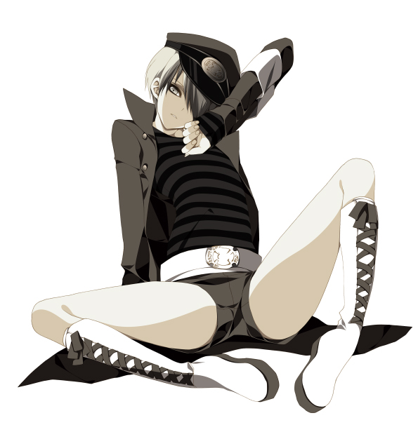 1boy bad_id bad_pixiv_id belphegor_(reborn) hair_over_one_eye hat katekyo_hitman_reborn! looking_at_viewer male_focus mio_yanagihara misteor shirt shorts simple_background solo striped_clothes striped_shirt white_background