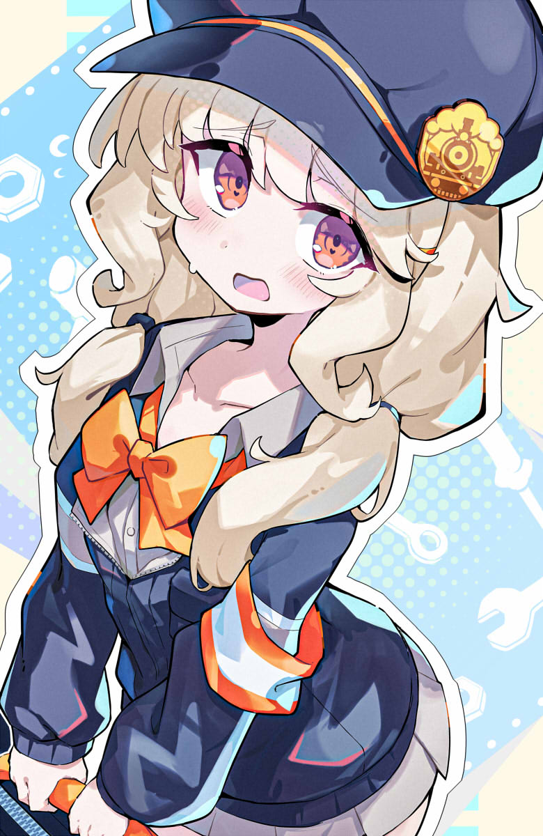 1girl aoba_(blue_archive) armband blonde_hair blue_archive blue_hair blue_jacket bow bowtie breasts collarbone hat highres jacket long_hair looking_at_viewer omochishiki open_mouth orange_bow orange_bowtie peaked_cap pleated_skirt red_eyes skirt small_breasts solo