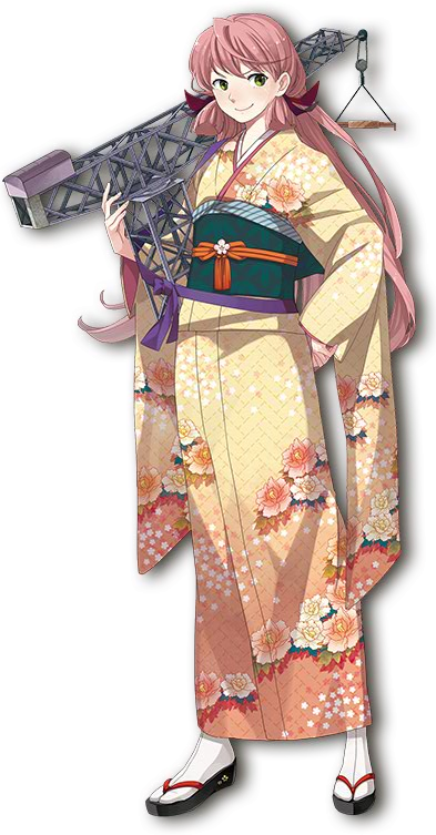 10s 1girl akashi_(kancolle) akashi_(new_year)_(kancolle) female_focus fujikawa full_body green_eyes hair_ribbon japanese_clothes kantai_collection kimono long_hair looking_at_viewer machinery official_art pink_hair ribbon smile solo transparent_background
