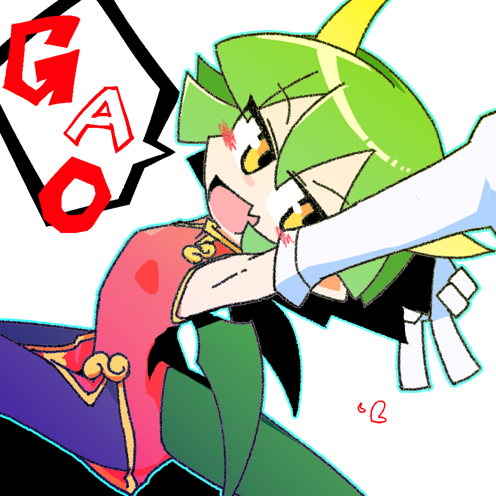 :d armpits blush_stickers draco_centauros dragon_girl dress elbow_gloves fang gloves gold_trim green_hair heart horns kan_(kam48360493) madou_monogatari open_mouth pantyhose puyopuyo red_dress skin_fang smile speech_bubble tail v yellow_eyes