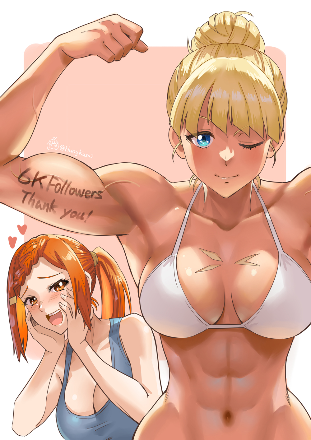 2girls abs armpits becky_montanari biceps blonde_hair blue_eyes blush breasts cleavage dark_skin flexing ge_xi highres large_breasts lien_ai-chiang long_hair looking_at_viewer multiple_girls muscular muscular_female navel obliques open_mouth orange_eyes orange_hair ponytail simple_background smile swimsuit toned witches_in_7th_base yuri