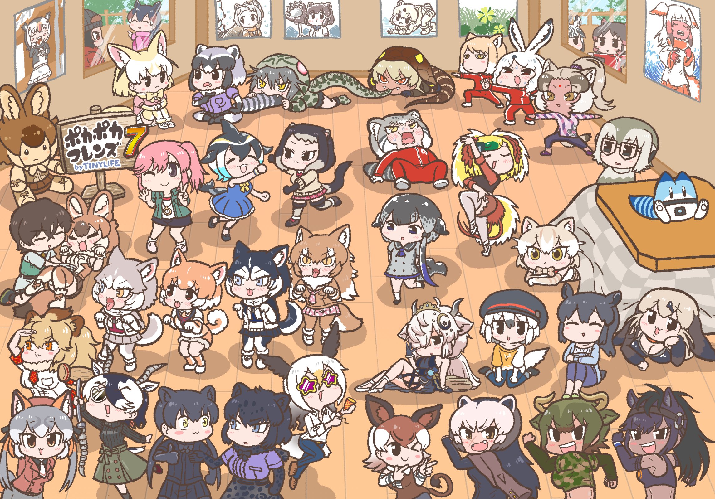 1boy 6+girls :< :3 ;) ^_^ alpine_marmot_(kemono_friends) animal_ears antelope_ears antelope_horns arctic_hare_(kemono_friends) arm_support arms_behind_back atlantic_puffin_(kemono_friends) aurochs_(kemono_friends) badger_ears bald_eagle_(kemono_friends) beanie bear_ears big_hair bird_girl bird_tail bird_wings biting black_eyes black_hair black_jaguar_(kemono_friends) black_leopard_(kemono_friends) blackbuck_(kemono_friends) blue_eyes bow bowtie breasts bridle brown_bear_(kemono_friends) brown_eyes brown_hair brown_sports_bra brown_thoroughbred_(kemono_friends) captain_(kemono_friends) cat_(kemono_friends) cat_ears cetacean_tail chibi cleavage closed_eyes closed_mouth common_dolphin_(kemono_friends) common_raccoon_(kemono_friends) cow_ears cow_horns crescent crescent_hair_ornament dancing dark-skinned_female dark_skin day dhole_(kemono_friends) dog_(mixed_breed)_(kemono_friends) dog_(shiba_inu)_(kemono_friends) dog_ears dog_girl dog_tail dolphin_girl dorsal_fin dress elbow_gloves elbow_rest empty_eyes everyone expressionless extra_ears fang fangs fennec_(kemono_friends) fins fish_tail fox_ears fox_girl fox_tail fur_collar glasses gloves western_lowland_gorilla_(kemono_friends) greater_bird-of-paradise_(kemono_friends) green_hair grey_hair hair_ornament hair_over_one_eye halftone halftone_background hand_on_own_cheek hand_on_own_face hands_up hat head_fins head_rest head_wings heart heart-shaped_eyewear heterochromia highres hippopotamus_(kemono_friends) hood hood_up hooded_jacket horns horse_ears indian_wolf_(kemono_friends) indoors island_fox_(kemono_friends) jacket jaguar_ears leopard_print japanese_crested_ibis_(kemono_friends) japanese_wolf_(kemono_friends) jitome kemono_friends kemono_friends_3 king_cobra_(kemono_friends) kneeling kotatsu kotobuki_(tiny_life) leaning_back leaning_forward leopard_ears light_brown_hair lion_(kemono_friends) lion_ears long_hair long_sleeves looking_at_another looking_at_viewer lucky_beast_(kemono_friends) lying malayan_tapir_(kemono_friends) medium_hair meerkat_(kemono_friends) meerkat_ears mountain_tapir_(kemono_friends) multicolored_hair multiple_girls nana_(kemono_friends) narwhal_(kemono_friends) necktie official_alternate_costume okapi_(kemono_friends) okapi_ears okapi_tail okinawa_habu_(kemono_friends) on_back on_stomach one_eye_closed open_mouth orange_eyes outstretched_arms ox_ears ox_horns pallas's_cat_(kemono_friends) pants parted_lips paw_pose photo_(object) pink_hair plains_zebra_(kemono_friends) pointing pointing_at_another polar_bear_(kemono_friends) poster_(object) print_gloves print_skirt purple_hair rabbit_ears raccoon_ears raccoon_girl raccoon_tail red_hair red_jacket red_pants red_track_suit sable_(kemono_friends) shirt shoes short-sleeved_sweater short_sleeves siberian_husky_(kemono_friends) side_ponytail sidelocks sign sitting skirt smile snake_tail southern_tamandua_(kemono_friends) sports_bra spread_arms standing star-shaped_eyewear star_(symbol) steller's_sea_lion_(kemono_friends) streaked_hair stretching striped_tail sunglasses sweat sweater table tail tamandua_tail tan tapir_ears tibetan_fox_(kemono_friends) tongue tongue_out track_jacket track_pants track_suit tsurime twintails under_kotatsu under_table v v-shaped_eyebrows vest white_hair window wings wolf_ears wolf_girl wolf_tail wolverine_(kemono_friends) wooden_floor yak_(kemono_friends) yellow_eyes yoga zebra_ears