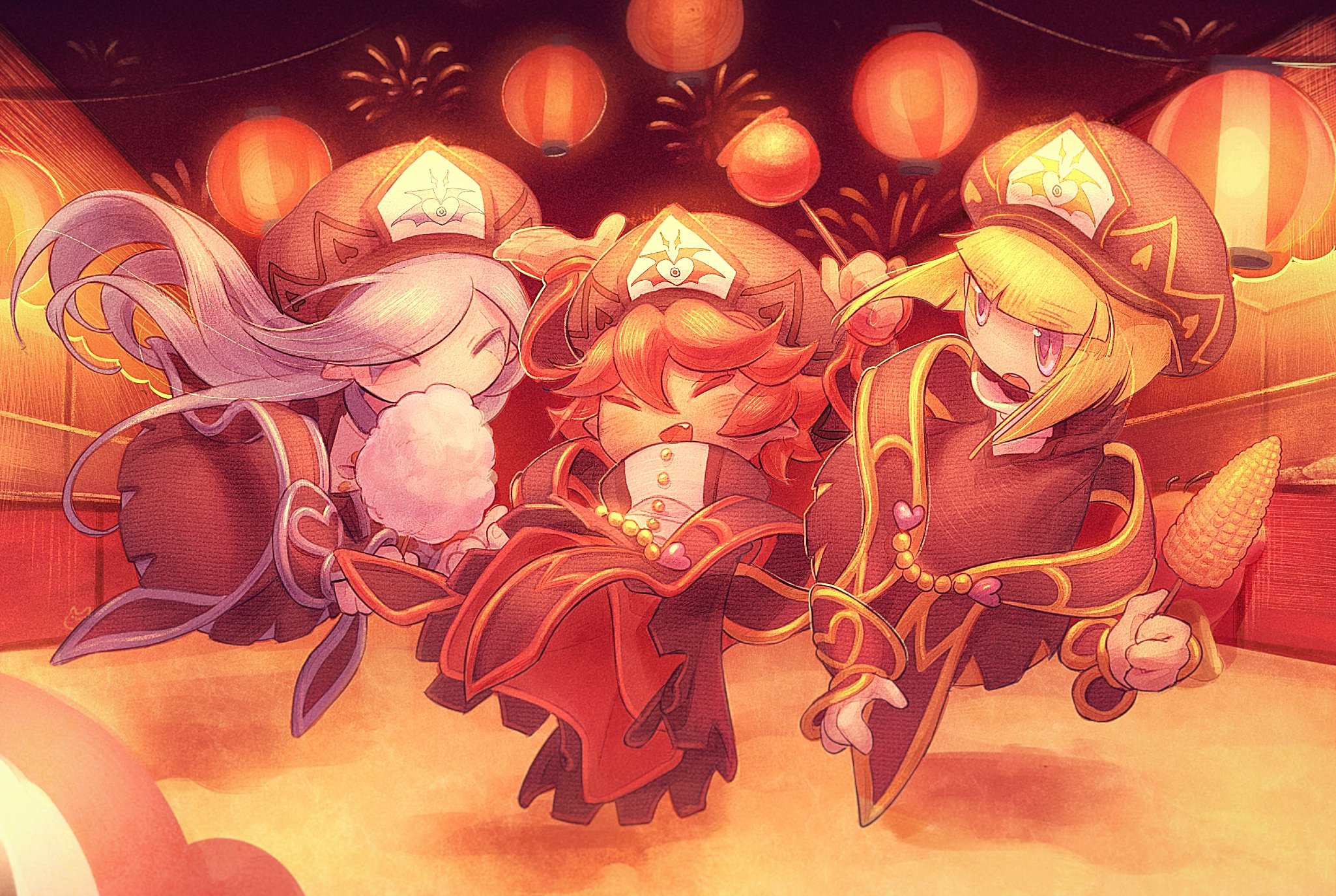 3girls beret blonde_hair blue_eyes blue_hair blunt_bangs candy_apple check_commentary closed_eyes commentary_request corn cotton_candy covered_mouth disembodied_hand eyes_visible_through_hair fang flamberge_(kirby) food francisca_(kirby) hair_over_one_eye hat heart highres holding holding_cotton_candy holding_food insignia kirby_star_allies kirby_(series) lantern long_hair multiple_girls nintendo open_mouth paper_lantern rayman_limbs red_hair short_hair smile somayumi summer_festival uniform very_long_hair zan_partizanne