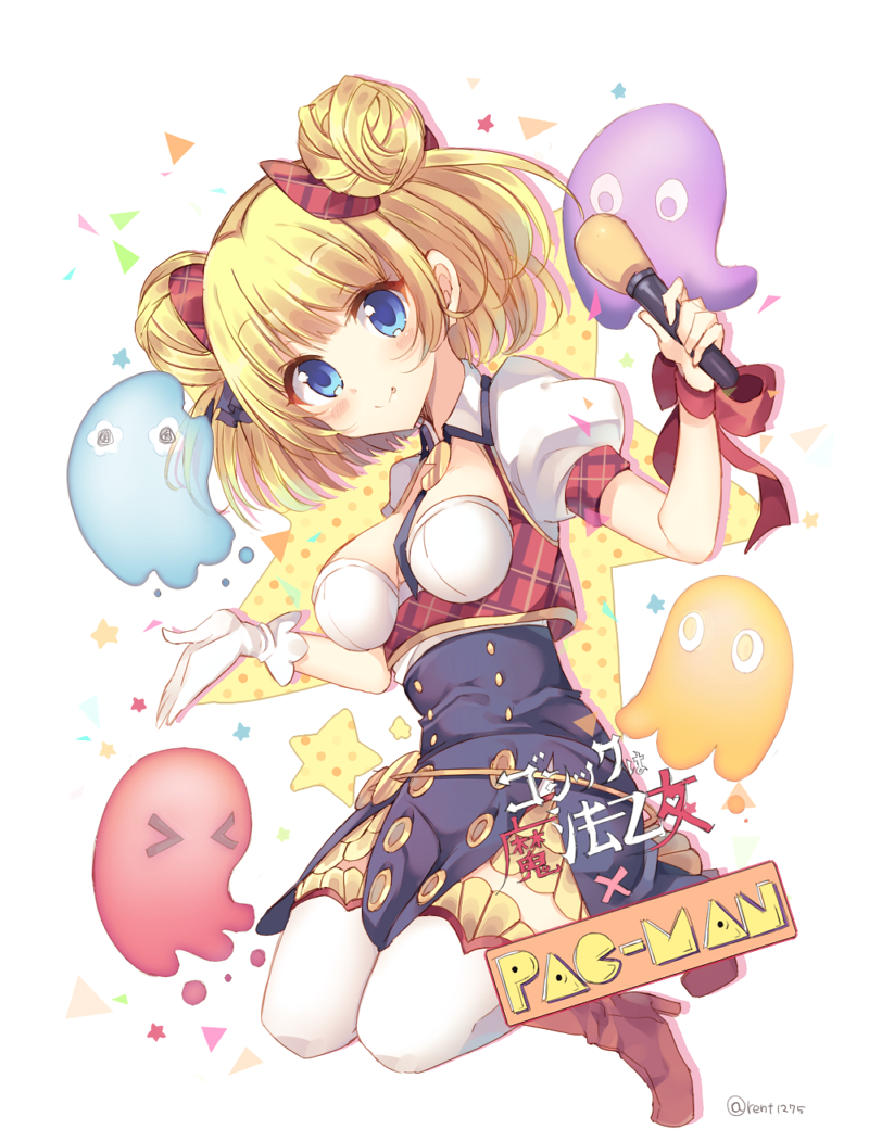&gt;_&lt; 1girl :p blinky_(pac-man) blonde_hair blue_eyes boots bow clyde_(pac-man) crossover double_bun female_focus full_body gloves gold_trim gothic_wa_mahou_otome hair_bow hair_bun holding holding_microphone inky_(pac-man) looking_at_viewer microphone pac-man pac-man_(game) pinky_(pacman) red_boots red_bow red_ribbon rento_(rukeai) ribbon short_hair single_glove smile solo star_(symbol) star_symbol_background title tongue tongue_out white_gloves white_legwear