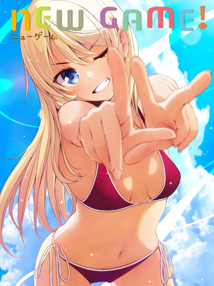 1girl bikini blonde_hair blue_eyes blue_sky breasts chuutaro_metal cloud commentary_request copyright_name cowboy_shot double_v large_breasts long_hair looking_at_viewer new_game! one_eye_closed side-tie_bikini_bottom sky solo swimsuit v yagami_kou